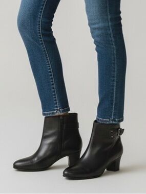 Clarks Black Leather Side Zip Ankle Boots With Buckle Detail